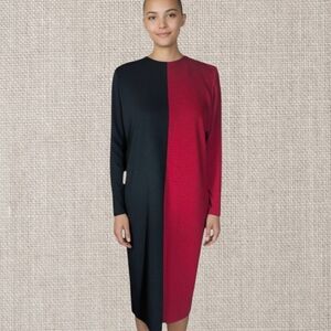 Vtg Steve Stolman 100% Wool Black/ Red colorblock Long Sleeve midi Dress Sz 10